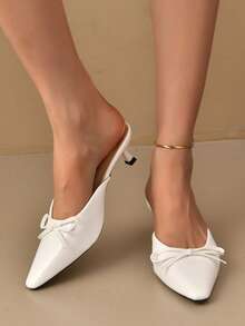女士白色高跟凉鞋，时尚蝴蝶结细高跟鞋，优雅淑女风格，露趾穆勒鞋，夏季一脚蹬鞋 - 白色 - 查看 14