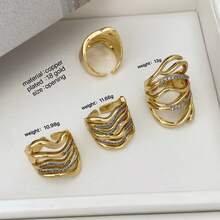 1pc Exaggerated Ring, Fashionable High-End Layered Asymmetrical Dual-Tone Zirconia Dual-Tone Ring, Women's Jewelry, 18K Electroplating Couture - Gold - View 3