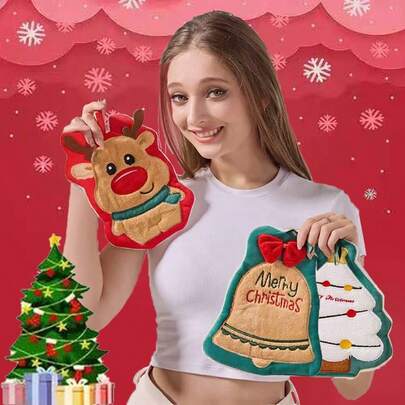 1/3/6条装圣诞快乐手巾，加厚珊瑚绒卡通可爱超长挂环圣诞手巾，吸水速干珊瑚绒清洁布，家居圣诞夜晚节礼物装饰挂饰