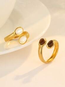 Bộ 2 nhẫn hở bằng thép không gỉ mạ vàng đính đá quý mắt hổ và trắng, thích hợp làm bộ trang sức hoặc làm quà tặng cho phái nữ - Vàng - Xem 2