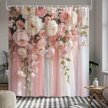 2D Flat Print Elegant Floral Pattern Artificial Gemstone Shower Curtain Decorated With Soft Pink And White Roses, Peonies, And Draped Fabric Suitable For Wedding Home Decoration Bathtub Curtain Includes  Size 70.8x 70.8inch 2D Flat Style - 彩色 - 查看 6