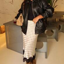 Women Satin Lace Trim Midi Skirt Polka Dot Print High Waist Long A-Line Skirts Vintage Silk Going Out Dress Y2k Streetwear Party Clubwear - 白色 - 查看 5