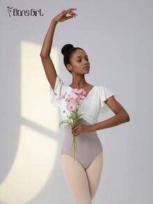 DonsGirl 1 件女式芭蕾舞紧身衣，2 合 1 吊带飘袖紧身衣，体操运动服，舞蹈表演服装 - 淺灰紫 - 查看 4