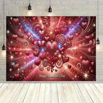 2D 平面单件浪漫情人节横幅，采用鲜艳的红色和粉色爱心设计，闪烁灯光，并印有“情人节快乐”字样，适用于家居、室内/室外派对和节日庆祝活动，以及情人节装饰。