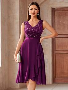 MIUSOL Sequin V-Neck Sleeveless Ruffle Hem Shiny Chiffon Ball Gown - Maroon - View 5