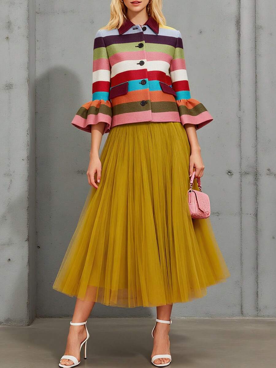 GLOURI Striped Winter Jacket For Women, Colorful, Ruffled Cropped Sleeves And Lapel Collar, Urban And Chic, Perfect For Work And Weekend Casual - Multicolor - View 1