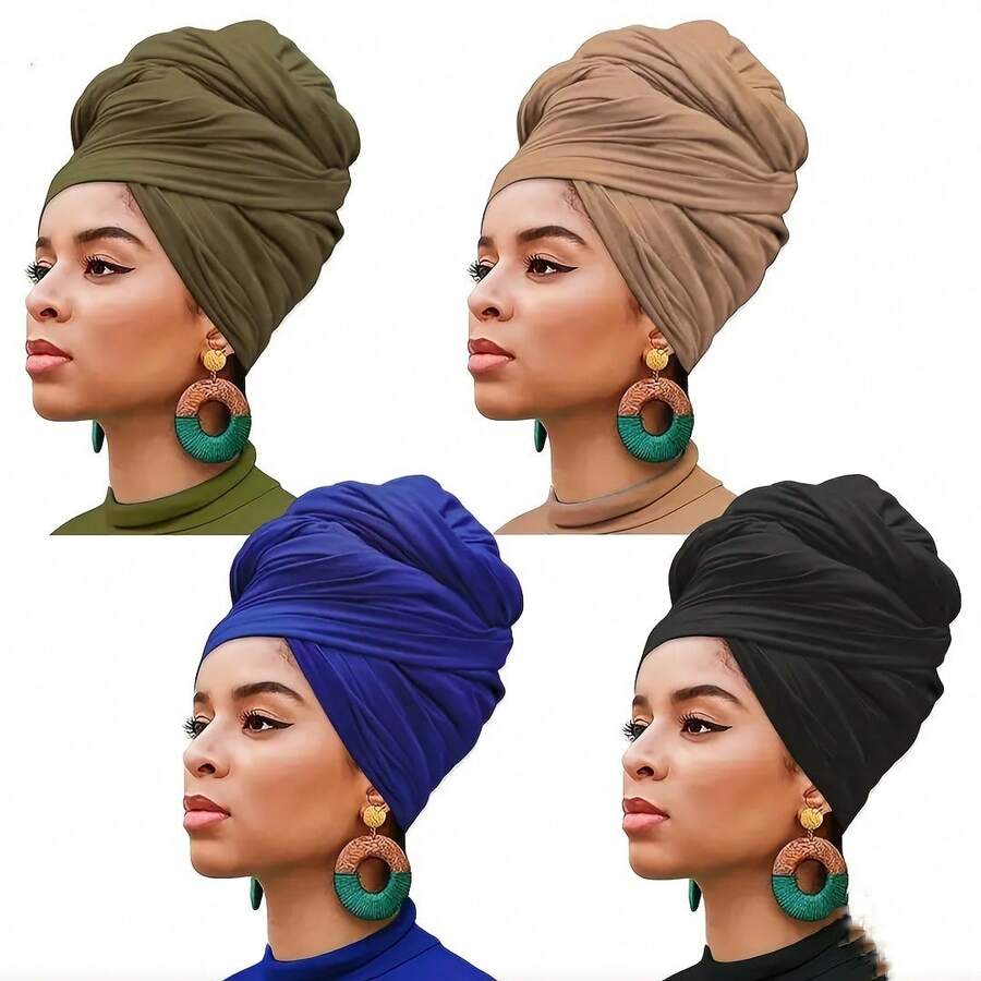 Set Of 4 Bohemian Style Pleated Head Wraps, Elegant Solid Color Turban Caps, Breathable And Ultra Soft Extra Long Headbands For Women - Xanh lá cây lạc đà xanh đen - Xem 1