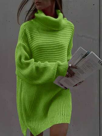 Vestido de suéter de punto holgado de manga larga con hombros caídos y color verde fluorescente para mujer de talla grande, otoño/invierno