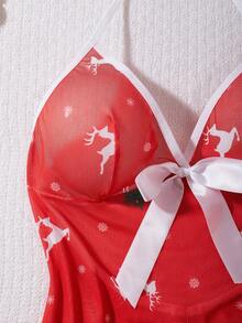 Women's Red,Christmas,Deer&Christmas Tree Print,Deep V-Neck,Hollow Out,Lace Splice,Sheer&Backless,Babydolls,Sexy Lingerie Dress - Red - View 8