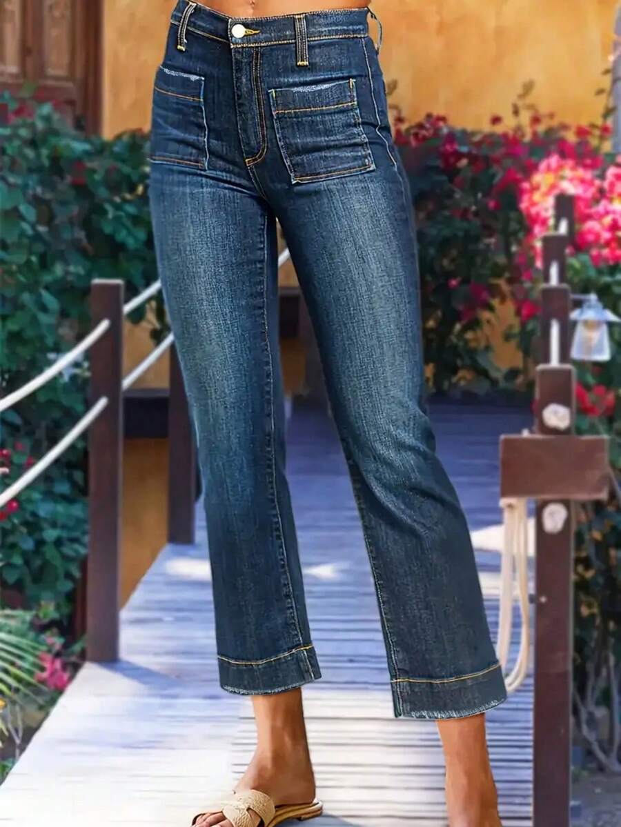 Women's Casual Washed Elastic Straight-Leg Jeans, Spring/Autumn - Blue - View 1