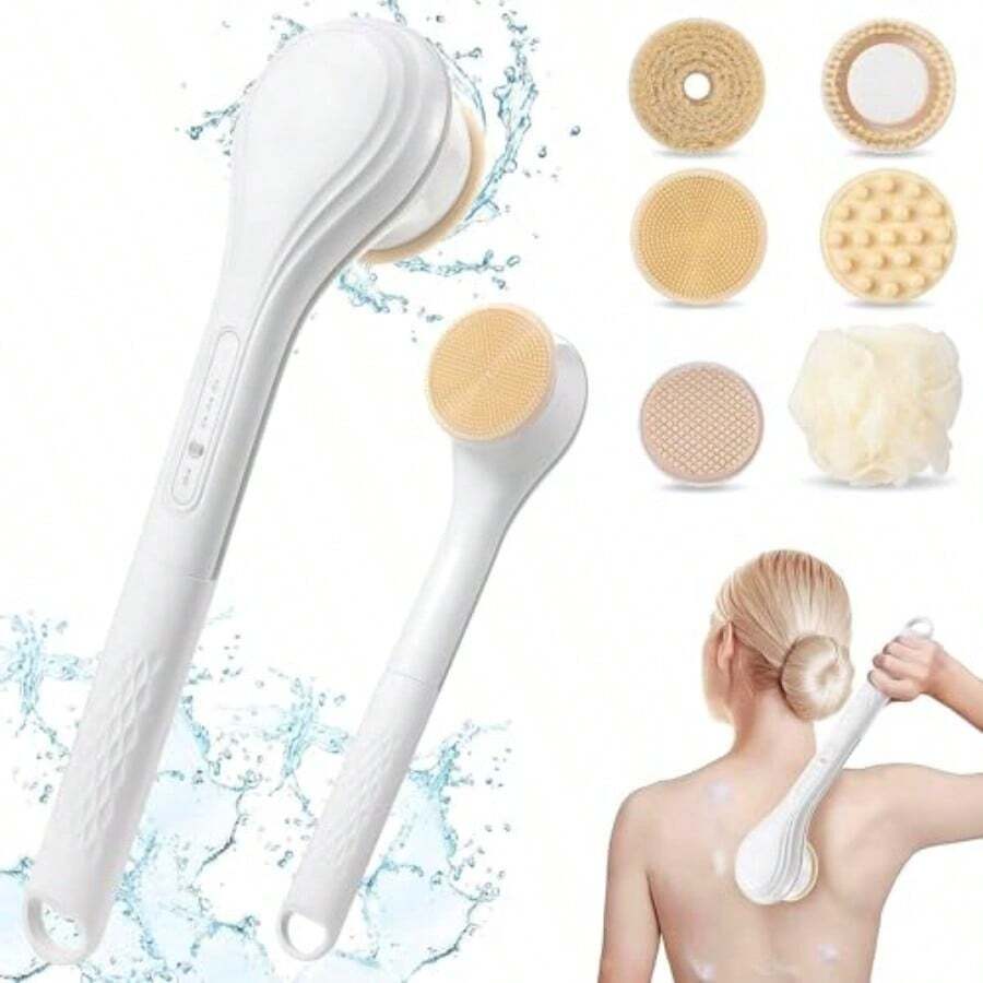 QY- Body Brush Rechargeable Back Scrubber For Shower Exfoliating Bath Brush Long Handle For Shower Lotion Applicator For Back Silicone Body Scrubber With 6 Shower Brush Heads -0085 - White - View 1