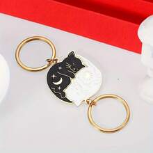 2 Cute Cat Pendant Keychains, Cartoon Cat Design With Moon And Stars, Ideal For Cat Lovers, Perfect Anniversary And Birthday Gifts For Boyfriends Or Girlfriends, Valentine's Day Accessories, Bag Accessories, Bag Accessories, Women's Keychains - 2 chiếc [Đen + Trắng] - Xem 5