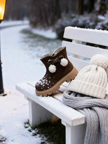 Girls' Boots, Children's Boots, Girls' Suede Ankle Boots, Cute Pom Pom Decor, Warm And Comfortable, Fashionable And Easy To Wear. Girls' School Shoes (Bow Decor In Two Styles, Randomly Shipped) - Brown - View 5