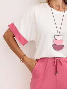 Women's Set, Wide Leg Pants, Two-Tone Sleeve Blouse, Loose, Elegant - Rosa - Ver 3