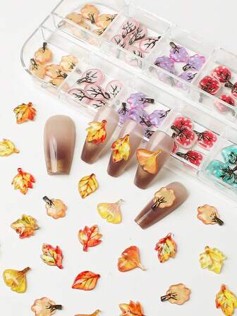 60pcs/Box Leaf Design Nail Art Decorations, Vintage Autumn Leaf Style, Suitable For