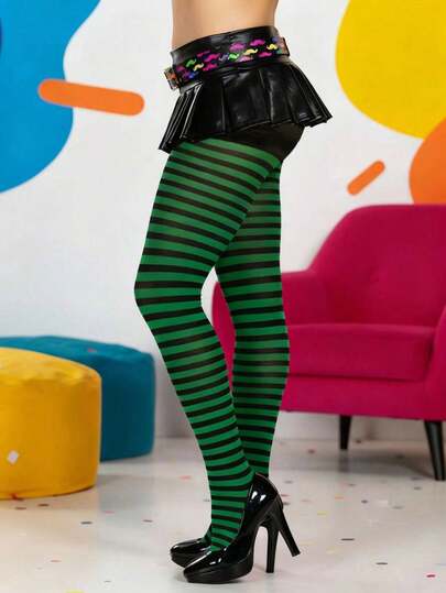 1 Pair Thick Thigh High Socks - Elastic Polyester Plus Size Women's Tights, Black And Green Striped - Suitable For Formal And Casual Wear - Fashionable Pantyhose For Daily Or Special Occasions, Soft And Comfortable, Must-Have For Lovers