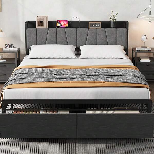 Industrial Bed Frame With Storage Headboard, Platform Bed With 2 Large Drawers , No Box Spring Needed Bed Frame