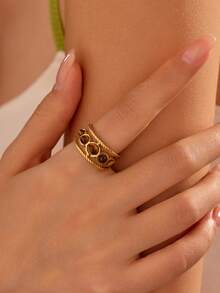 1pc Stainless Steel Golden Vintage Pressure-Opened Tiger Eye Stone Ring, Suitable For Women's Daily Wear Or Gift - Yellow Gold - View 1