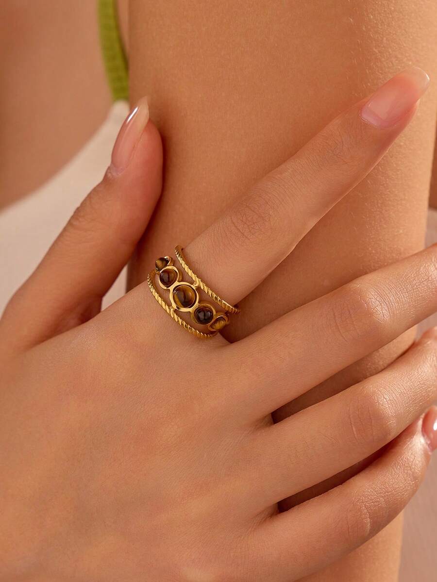 1pc Stainless Steel Golden Vintage Pressure-Opened Tiger Eye Stone Ring, Suitable For Women's Daily Wear Or Gift - Yellow Gold - View 1