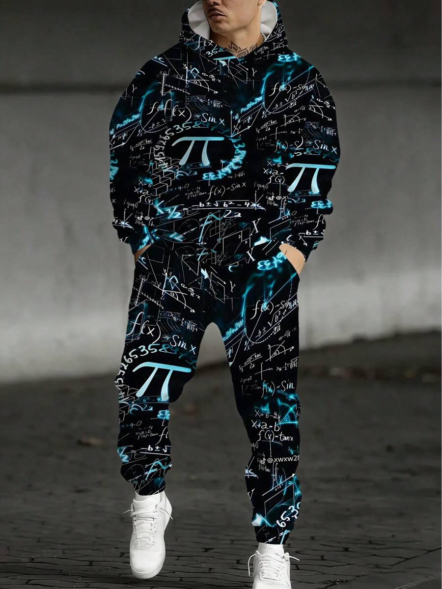简约字母图案个性时尚舒适男士休闲长袖运动衫套装，春秋季 - 彩色 - 查看 1