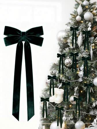 12 st mörkgröna sammetsrosetter julgransdekorationer, 5 x 10 tum julgransprydnader för gran hem kokett rum födelsedagsfest ytterdörr bröllop högtidsdekor, julkransrosetter rustika hantverk presentrosetter sammetsband rosetter för jul hem girlangdekorationer högtid bröllop utomhus inomhusdekor, juldekorationer