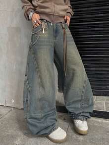 1件复古做旧拼接刺绣阔腿牛仔裤，宽松舒适休闲街头风男士长裤，适合所有季节（不含腰带和配饰） - 藍色 - 查看 1