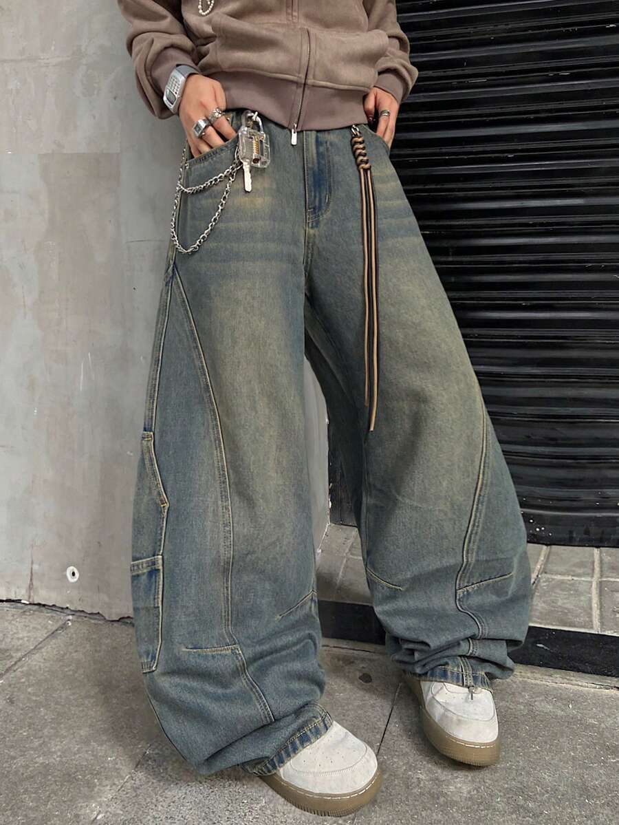 1件复古做旧拼接刺绣阔腿牛仔裤，宽松舒适休闲街头风男士长裤，适合所有季节（不含腰带和配饰） - 藍色 - 查看 1