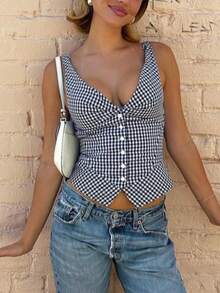 Áo tank top không tay cài nút họa tiết kẻ caro dành cho nữ, kiểu dáng thường ngày mùa hè, màu đen cho kỳ nghỉ. - màu đen - Xem 4