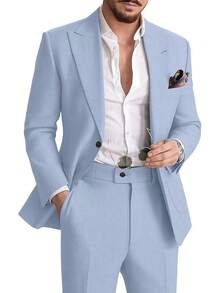 Mens Linen 2 Piece Casual Suit Summer Beach, Wedding - Pants Set, Summer Wear - Blue - View 10