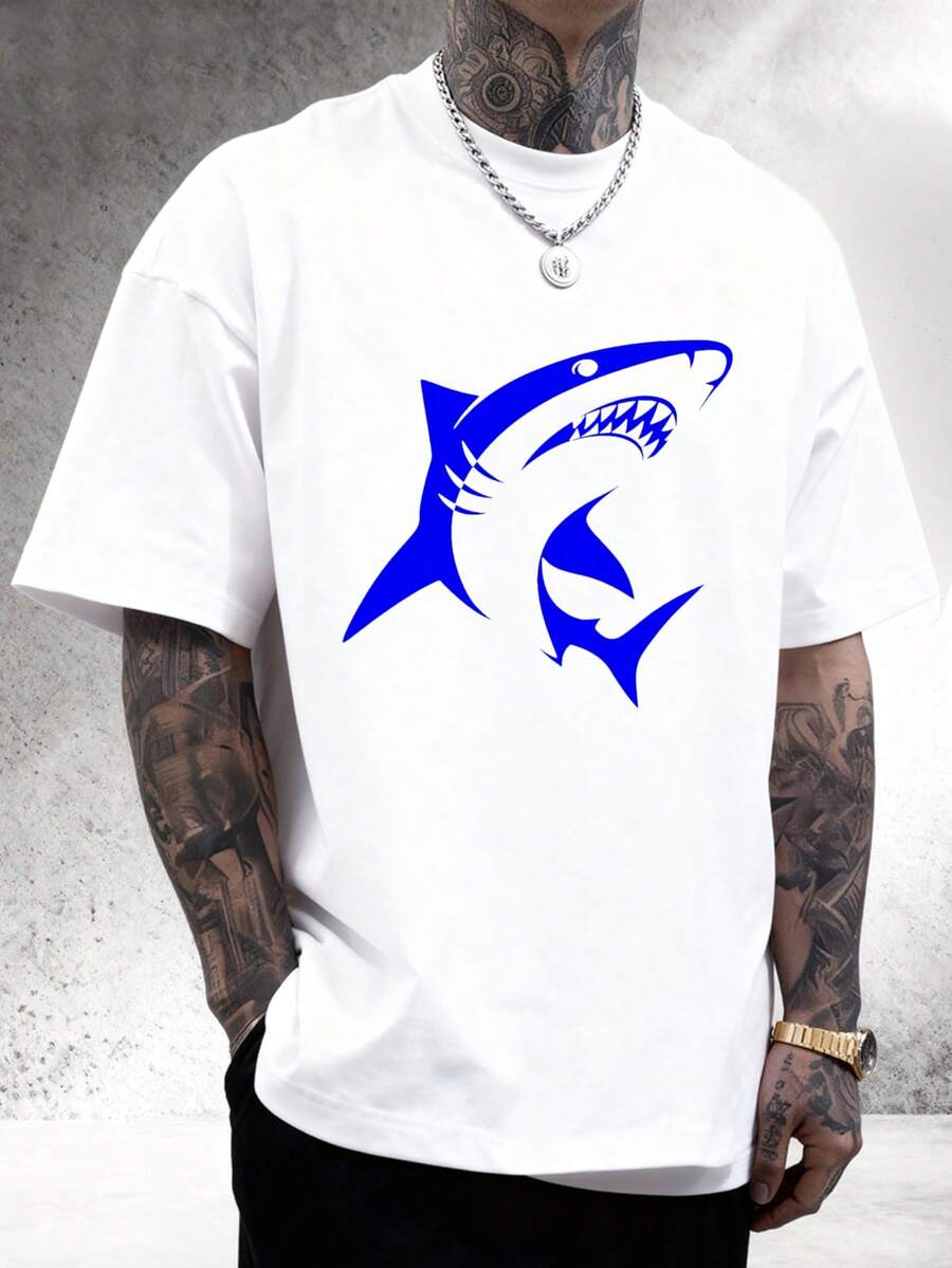 Camiseta de Manga Corta Verde con Estampado de Tiburón Azul - Ideal para Uso Diario y Actividades Casuales - T-shirts para hombres Regalos para familiares y amigos T-shirts para hombres