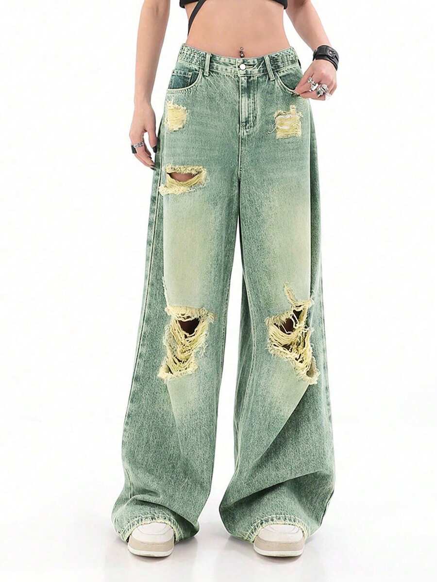 Women's Casual Straight Leg Ripped Pocket Jeans - Navy Blue - View 1