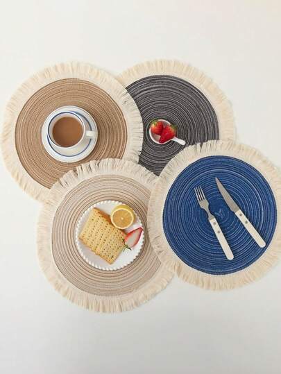 2pcs/4pcs/6pcs 15-Inch Round Woven Tassel Placemats, Washable Non-Slip Heat-Resistant Tabletop Mats, Suitable For Home Decor, Spring, Outdoor, Holiday Party, Christmas