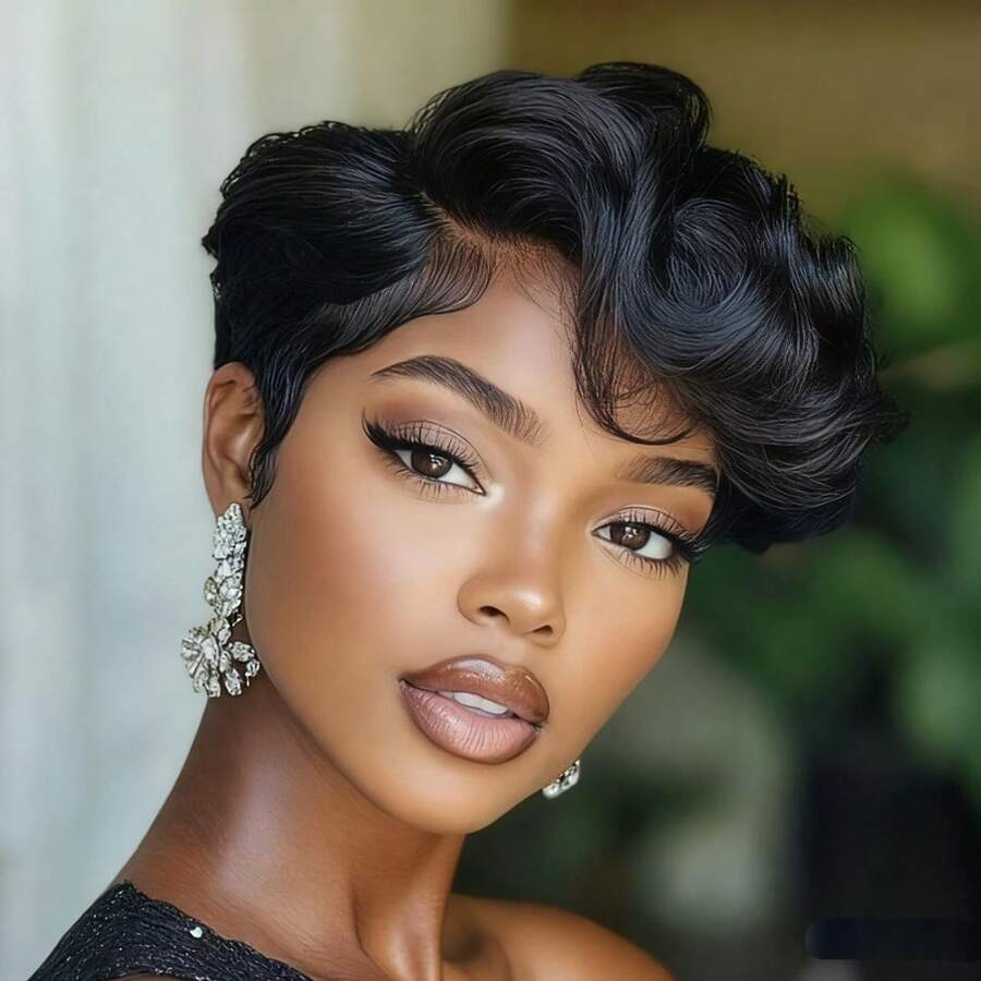 Short Pixie Cut Wig Human Hair 6 Inch 150% Density 13x4x1 Lace Wig For Women Curly Wave Human Hair Brazilian Remy Hair Suitable For Daily Wear 1B Color Casual Elegant Preppy Business Modest Romantic Glamorous Vintage Street Sporty Cute Royal Simple Vacation Daily Holiday Music Festival Mother's Day Carnival Valentine's Day Halloween All Saints' Day Christmas Day Cosplay Spring Summer Autumn Winter Local Warehouse Wear And GO New Product Discounts Wigs For Women - Natural Black - 查看 1