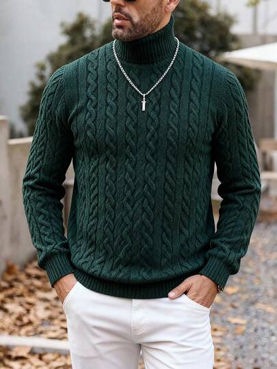Men's Large-Sized Sweater In Dark Green With A Festive Christmas Theme, Long Sleeves, Plus Size, Knitted Fabric