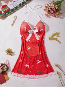 Women's Red,Christmas,Deer&Christmas Tree Print,Deep V-Neck,Hollow Out,Lace Splice,Sheer&Backless,Babydolls,Sexy Lingerie Dress - Red - View 5