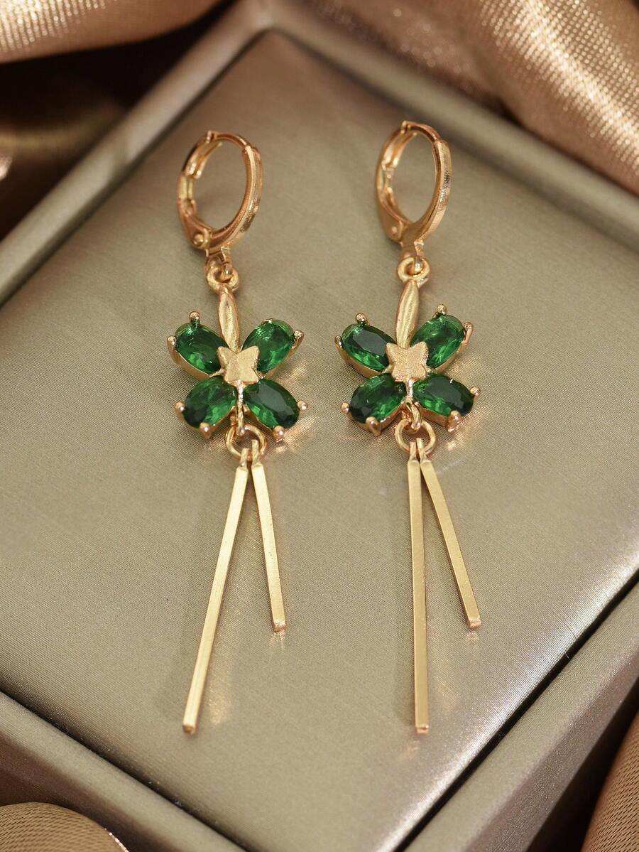 1 对中东风格绿色耳环，18K 镀金锆石四叶草吊坠流苏耳环，适合女性日常佩戴、婚礼、派对、旅行、节日 - 綠色 - 查看 1