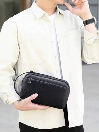 HOVI'S 24x14.5x8.5厘米黑色纹理PU皮革男士手拿包，带肩带，大容量，可装手机及必需品，适合旅行和工作，男士圣诞礼物