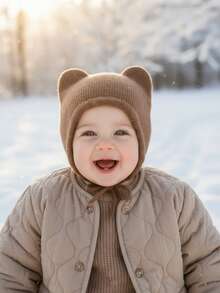 1pc Baby/Toddler Girls' Coffee Color Warm Knit Hat, Infant Winter Earflap Hat, Minimalist Design, Autumn/Winter