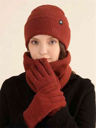 3 件套针织围巾/帽子/手套套装，柔软温暖的无檐小帽，触摸屏友好，适合家人和朋友，男女通用纹理针织，冬季寒冷天气礼品套装