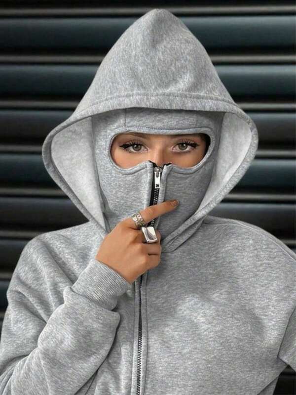 Social Anxiety Essential,Face-Covering,Women's Oversized Fit&Regular Length Double-Hooded Hooded Sweatshirt&Sweatshirts,Zip-Up With Pocket,Fall Women Clothes,Winter Clothes For Women,Autumn Clothes,Winter,Winter Clothes,Fall Clothes
