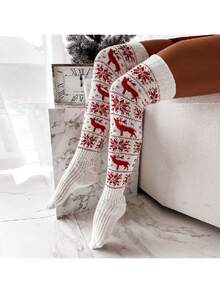 1双欧美圣诞雪花驯鹿针织过膝长袜，女士款，秋冬款 - 彩色 - 查看 8