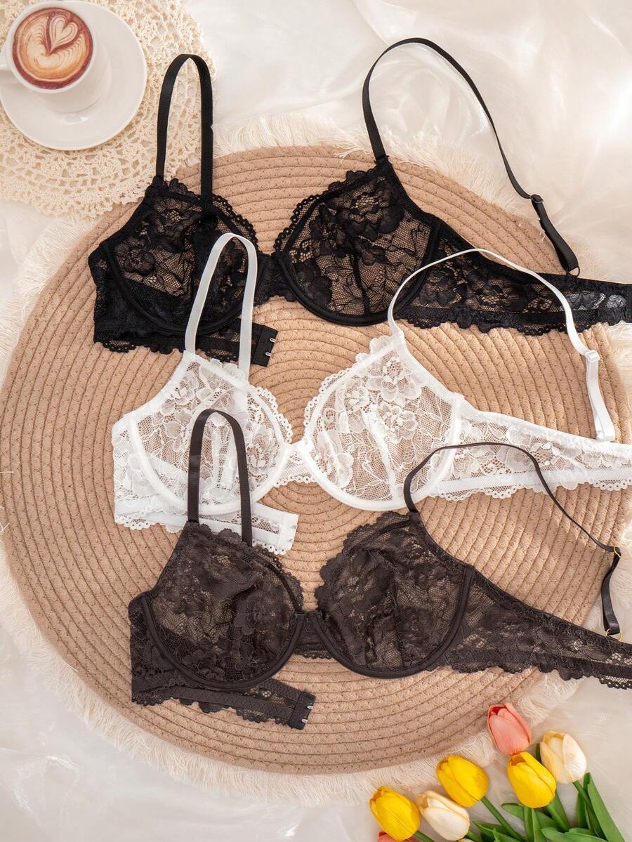 3pcs Women's Solid Color Lace Thin Cup Underwire Comfortable Bras