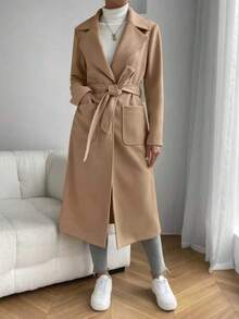 秋季女士翻领双口袋腰带长款女式外套 - 卡其色 - 查看 7