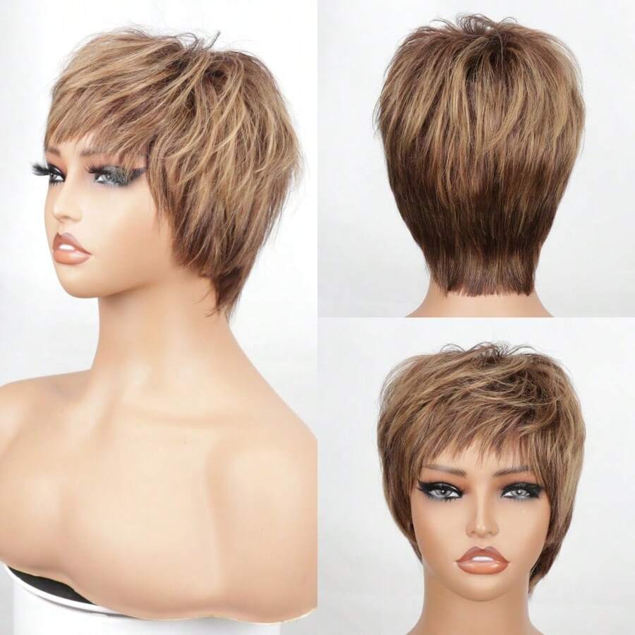 Brazilian Short Human Hair Wigs 6inch Short Straight Pixie Cut Wig Human Hair Full Machine Made Layered Pixie Wigs For Women Wigs P4/ 27 Color Halloween Costumes - Piano Color - View 1