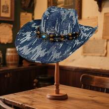 Adults Sequin Western Cowgirl Hats Fashionable Wide Brim Outdoor Denim Fedora Caps With Bead String - 深藍色 - 查看 3