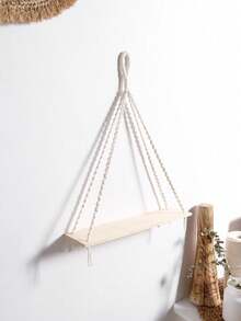 1pc/2pcs Handmade Woven Wall Hanging Rack, Triangular Wooden Floating Shelf, Boho Style Wall Mount Storage Rack With Macrame Tassel, Minimalist Home Decor, Natural Beige, Suitable For Living Room, Bedroom, Office And Entryway - Beige - View 7