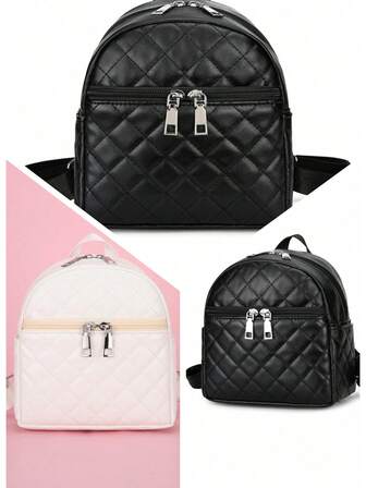 1pc Girls' PU Backpack, Fashionable Diamond Quilted Embroidery Mini Backpack, Zipper Closure, Versatile Use For Outdoor, Daily Matching, Casual Outing, All Season