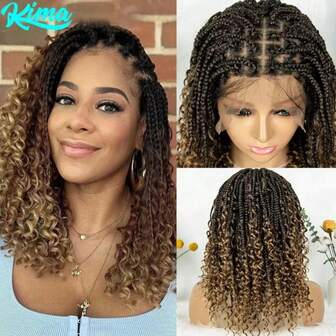 Peluca trenzada bohemia corta con trenzas en caja, peluca trenzada estilo boho con encaje completo, cabello sintético rizado con pelito