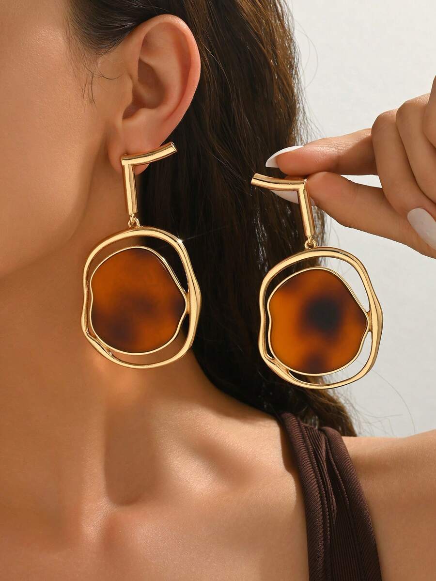 1 Cặp bông tai mặt dây chuyền mắt hổ hình học rỗng bất đối xứng mới cho mùa thu/đông, bông tai thời trang cổ điển đa năng dành cho phụ nữ đeo hàng ngày và dự tiệc - Nhiều màu - Xem 1