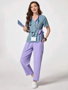 Fashionable Colorblock V-Neck Short Sleeve Multi-Pocket Set, Stylish Outfit For Beauty Salon, Nanny, Maternity Center, Scrub, Casual Lightweight Suit - Mint Blue - View 5